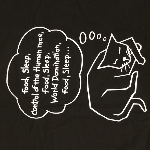 Cat Humor World Domination Black USA Made Tee 100 Cotton T Shirt White Graphic - Picture 1 of 8